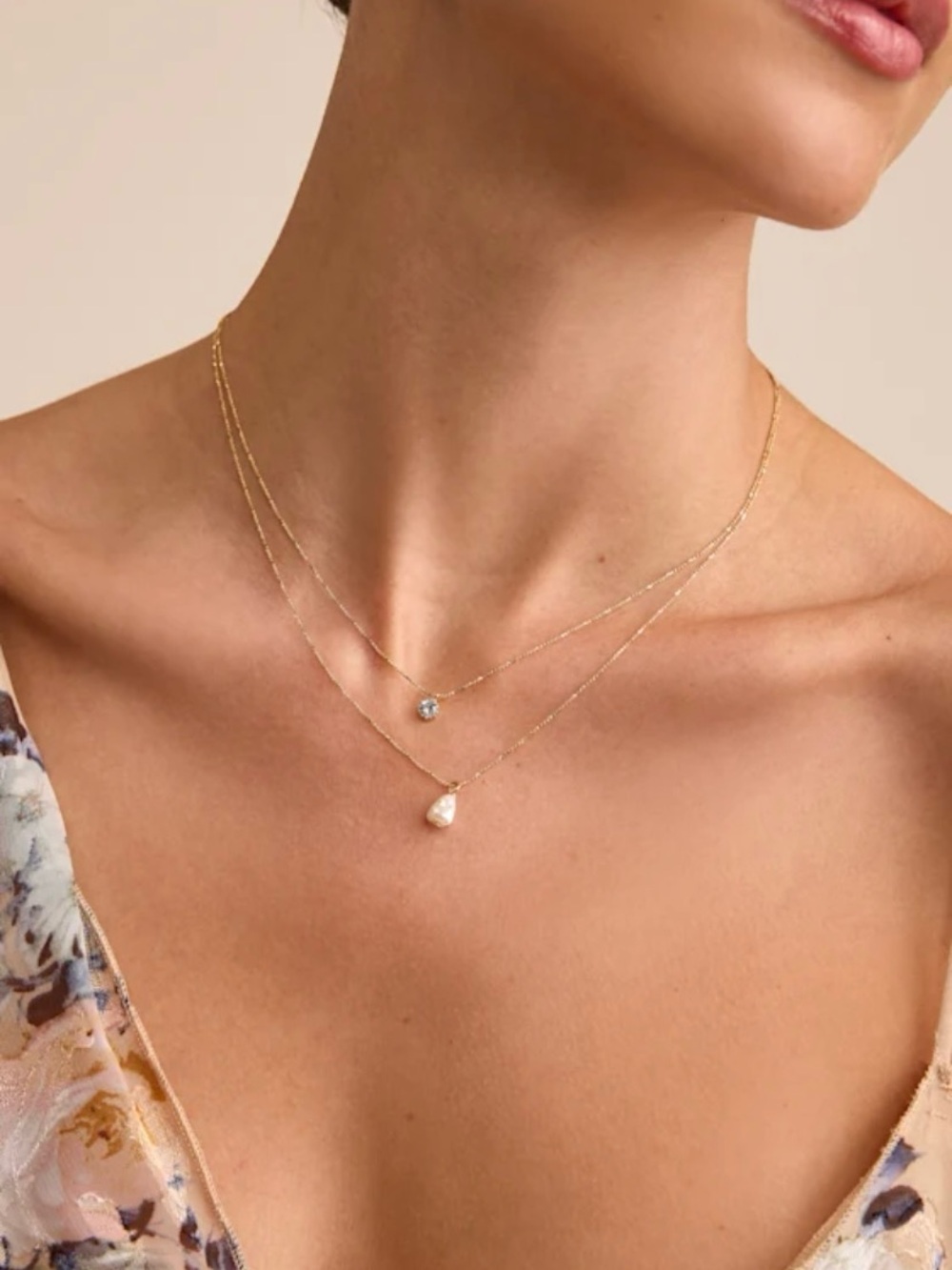Lulu's Gold Double Layer Necklace with Crystal and Pearl